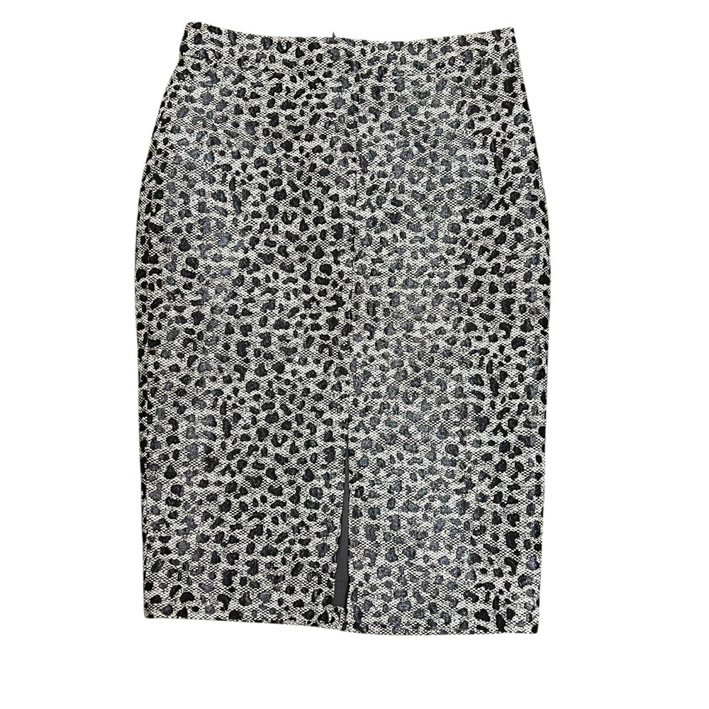 Etcetera Skirt Womens 4 Gray Blue Jacquard Pencil Front Slit Leopard Metallic